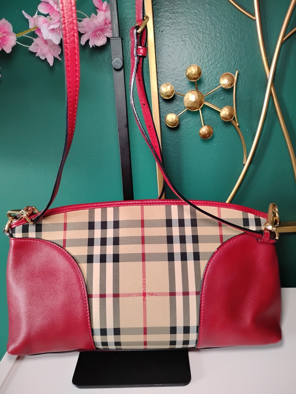 Burberry House Check Canvas and Red Leather Crossbody Bag
